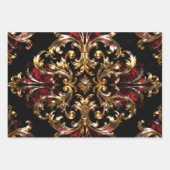 Regal Noir Pattern | Gold Scrollwork & Crimson ラッピングペーパーシート (正面3)