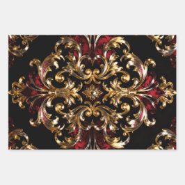 Regal Noir Pattern | Gold Scrollwork & Crimson ラッピングペーパーシート