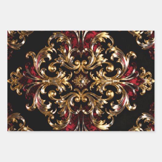 Regal Noir Pattern | Gold Scrollwork & Crimson ラッピングペーパーシート (正面)