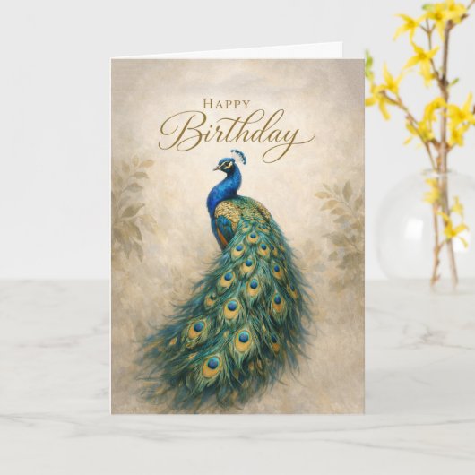 Regal Peacock Birthday Elegance カード (黄色い花)