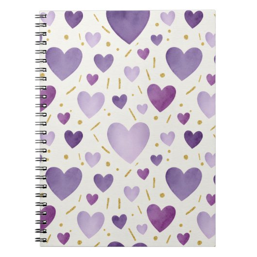 Regal Purple Watercolor Hearts ノートブック (正面)