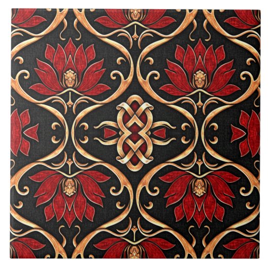 Regal Red Lotus & Golden Filigree Pattern タイル (正面)