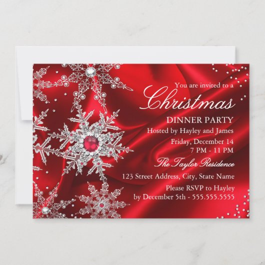 Regal Red Pearl Snowflake Christmas Dinner Party 招待状 (正面)