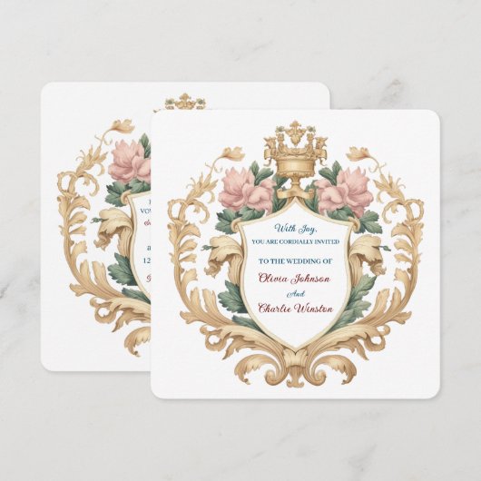 Regal Royal Crest Floral Wedding Elegant Romantic 招待状 (正面/裏面)