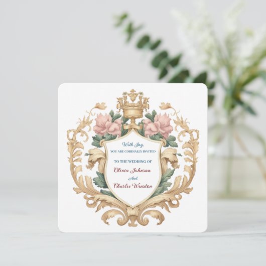 Regal Royal Crest Floral Wedding Elegant Romantic 招待状 (スタンド正面)