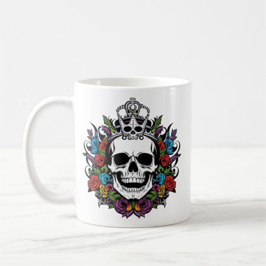 Regal Skull with Crown and Colorful Roses コーヒーマグカップ (左)