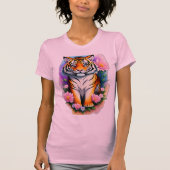 Regal Tiger Cub in Pink Floral Garden Graphic  Tシャツ (正面)