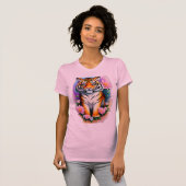 Regal Tiger Cub in Pink Floral Garden Graphic  Tシャツ (正面フル)