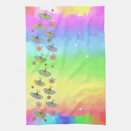 Regenbogen mit Schmetterlingen キッチンタオル (縦)