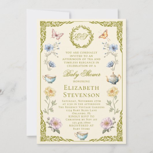 Regency A Baby Is Brewing Tea Party Baby Shower 招待状 (正面)