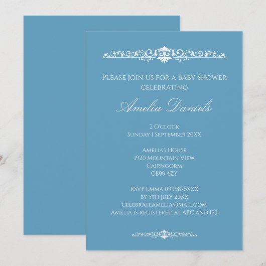 Regency Blue Baby Shower Invitation 招待状 (正面/裏面)