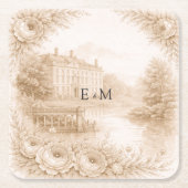 Regency Botanical Engraving Wedding スクエアペーパーコースター (正面)