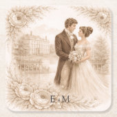 Regency Botanical Engraving Wedding スクエアペーパーコースター (正面)
