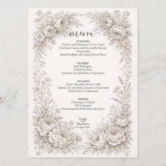 Regency Botanical Engraving Wedding Party Menu Car メニュー (正面)