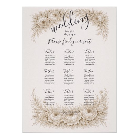 Regency Botanical Engraving Wedding Seating Chart ポスター (正面)