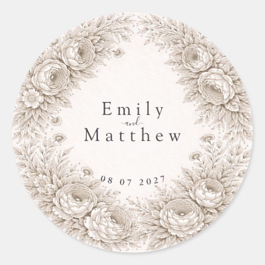 Regency Botanical Engraving Wedding Sticker Set ラウンドシール (正面)