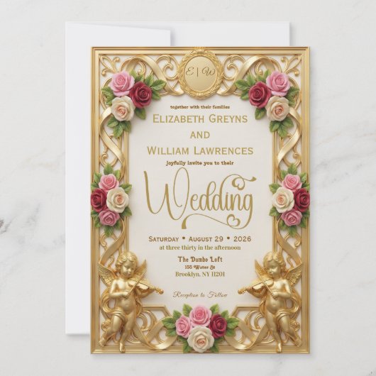 Regency Era Garden Cherub Monogram Wedding 招待状 (正面)
