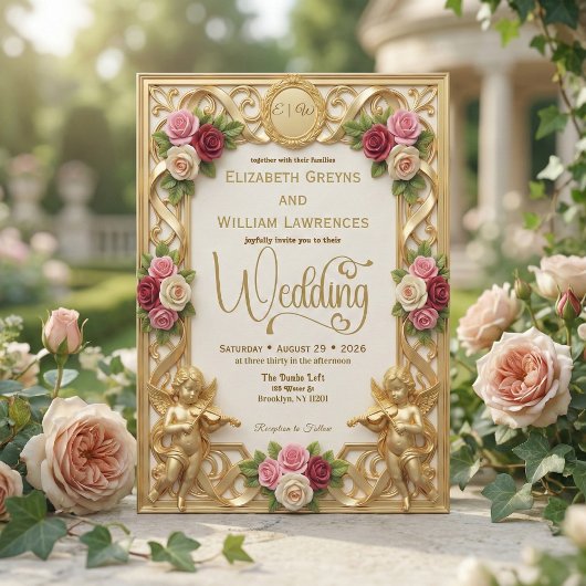 Regency Era Garden Cherub Monogram Wedding 招待状