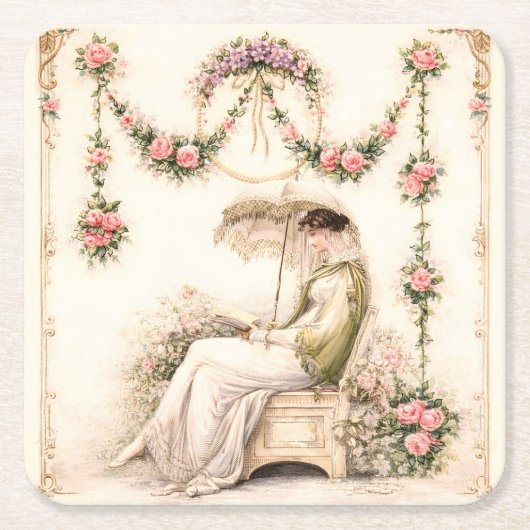 Regency Rose Garden Reading Lady スクエアペーパーコースター (正面)