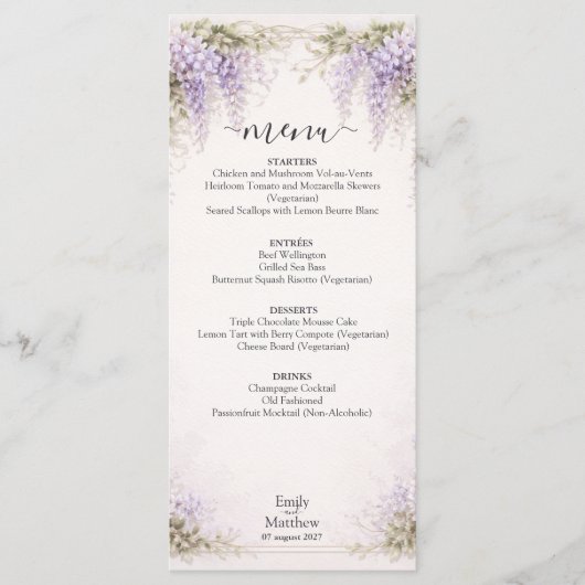 Regency Wisteria Wedding Menu Card メニュー (正面)