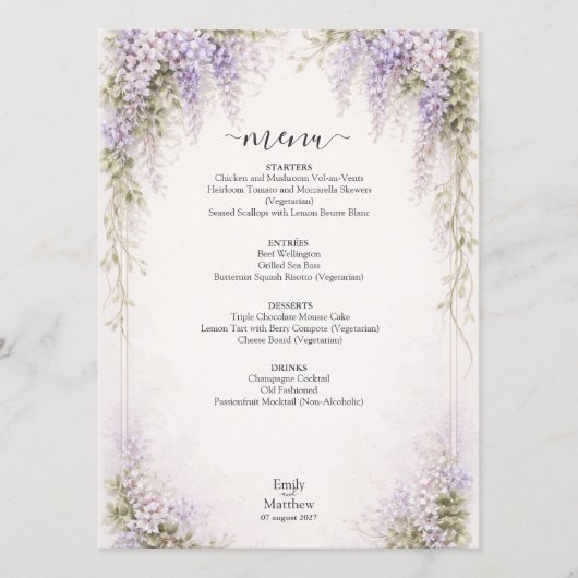Regency Wisteria Wedding Menu Card メニュー (正面)