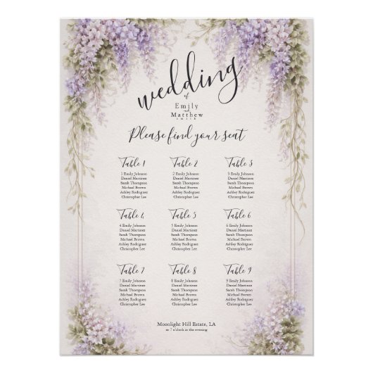 Regency Wisteria Wedding Seating Chart Poster ポスター (正面)
