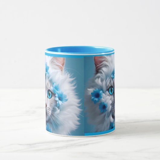 Regular blue mug with beautiful white cat  マグカップ (中央)