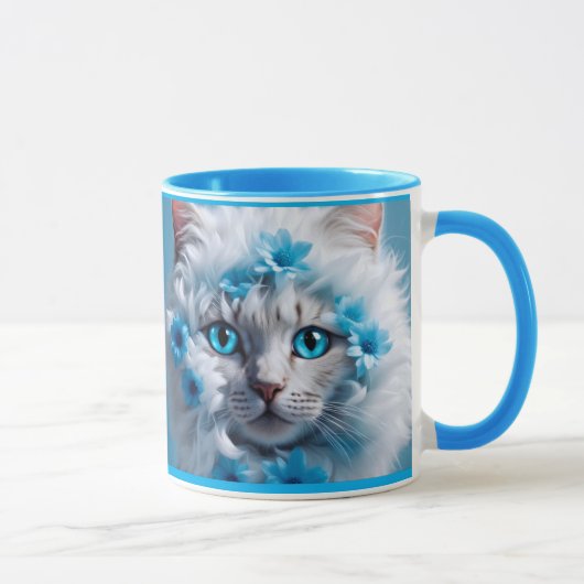 Regular blue mug with beautiful white cat  マグカップ (右)