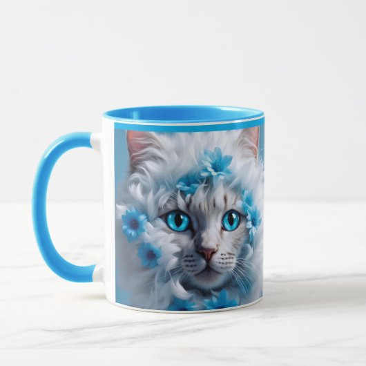 Regular blue mug with beautiful white cat  マグカップ (左)