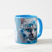 Regular blue mug with beautiful white cat  マグカップ (正面右)
