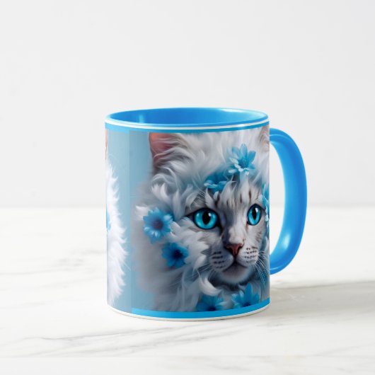 Regular blue mug with beautiful white cat  マグカップ (正面右)