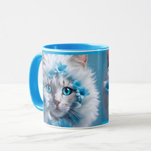 Regular blue mug with beautiful white cat マグカップ (正面左)