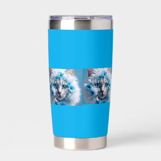 Regular blue mug with beautiful white cat  保温保冷タンブラー