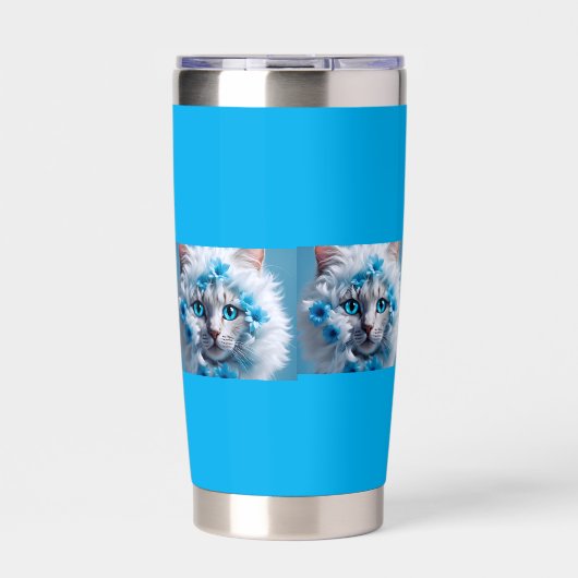 Regular blue mug with beautiful white cat 保温保冷タンブラー (正面)