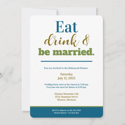 Rehearsal Dinner Eat Drink and Be Married Purple 招待状 (正面)