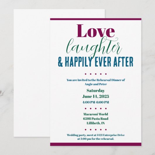 Rehearsal Dinner Love, Laugher, Happily Ever After 招待状 (正面/裏面)