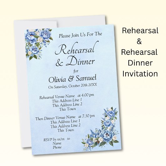 Rehearsal Invitation Card Blue Peony Wedding Set 招待状