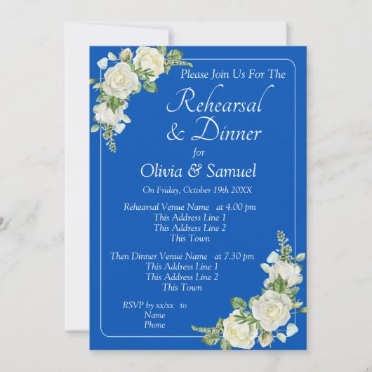 Rehearsal Invitation Card Cobalt Blue & White Rose 招待状 (正面)