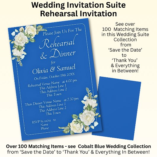 Rehearsal Invitation Card Cobalt Blue & White Rose 招待状