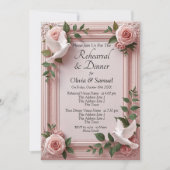 Rehearsal Invitation Card Pink Roses & Doves 招待状 (正面)
