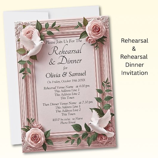 Rehearsal Invitation Card Pink Roses & Doves 招待状