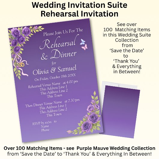 Rehearsal Invitation Card Purple Mauve Flowers 招待状