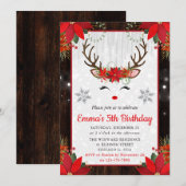 Reindeer and Poinsettia Christmas Birthday 招待状 (正面/裏面)