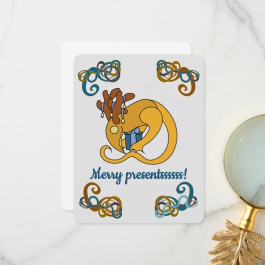 Reindeer bird with bells and presents Christmas サンキューカード (正面/裏面インサイチュ)