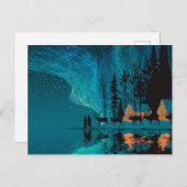 Reindeer, cabin, Northern Lights by a winter lake シーズンポストカード (正面/裏面)
