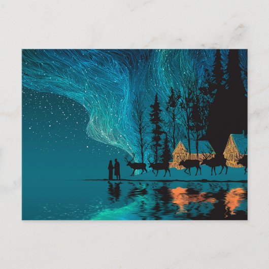 Reindeer, cabin, Northern Lights by a winter lake シーズンポストカード (正面)
