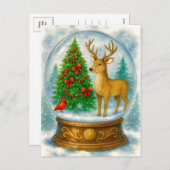Reindeer Cardinal Christmas Snow Globe Postcard シーズンポストカード (正面/裏面)