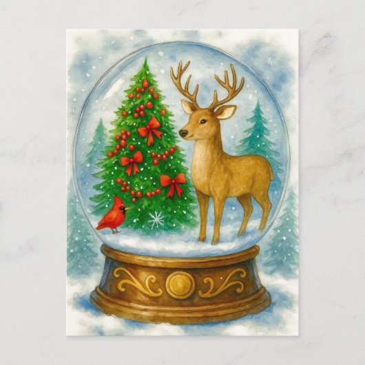 Reindeer Cardinal Christmas Snow Globe Postcard シーズンポストカード (正面)