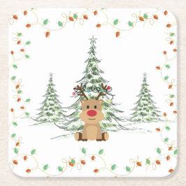 Reindeer Christmas Holiday Lights Winter Trees  スクエアペーパーコースター