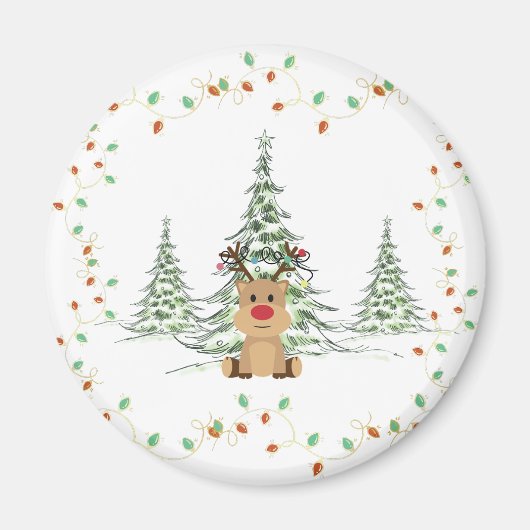 Reindeer Christmas Holiday Lights Winter Trees  マグネット (正面)